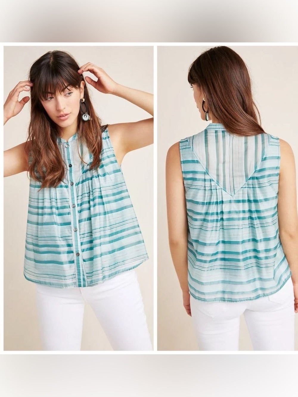 Anthropologie Current Air Turquoise Striped Sleeveless Blouse Boho Top XL